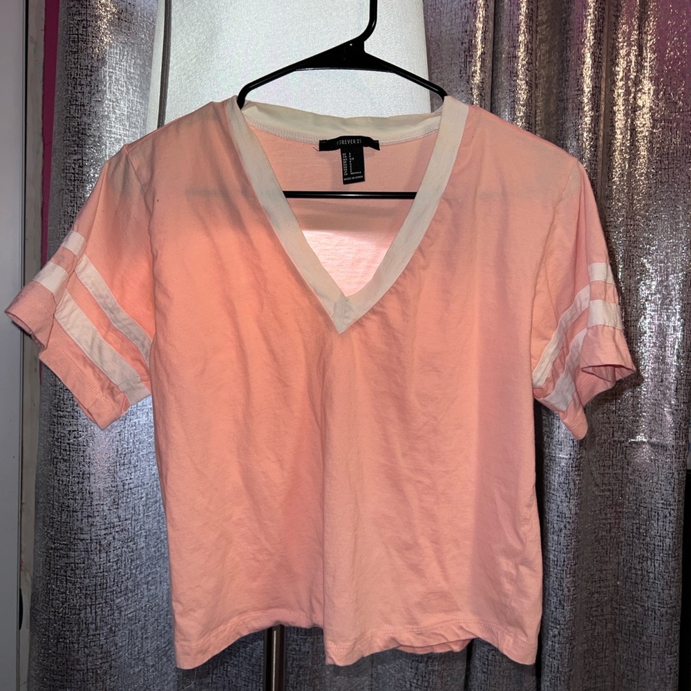 Forever 21 pink and white striped v-neck shirt